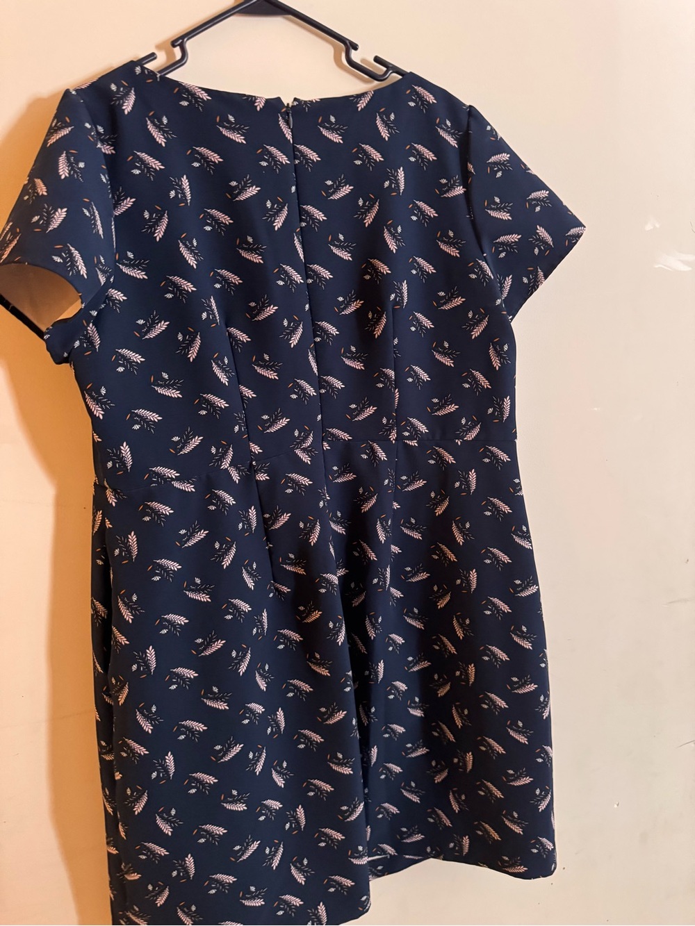 LOFT Navy Short-Sleeve Dress with Pink Floral Feather Print